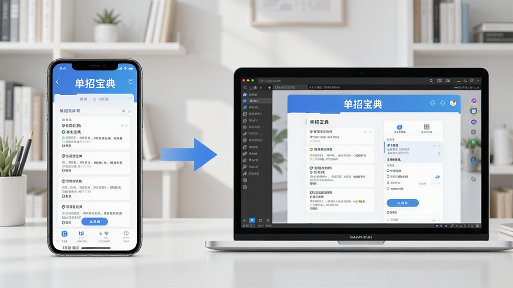 一张展示单招宝典在手机和电脑模拟器上同时运行的预览图,画面左侧是一部手机显示“单招宝典”刷题页面,右侧是一台笔记本电脑屏幕显示模拟器中的同一应用界面,中间用箭头连接表示数据同步,背景是干净的书房环境,风格科技教育风,细节清晰,画质干净,无多余元素