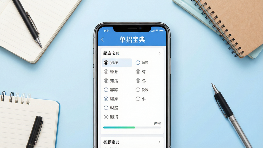 一张展示单招宝典手机应用界面的预览图,画面中央是一部竖屏智能手机,屏幕上打开着单招宝典的题库练习页面,顶部显示“单招宝典”字样,页面中有选择题选项和答题进度条,手机周围散落着几本笔记本和一支笔,背景是浅蓝色渐变,整体布局简洁,风格清新教育风,细节清晰,画质干净,无多余元素