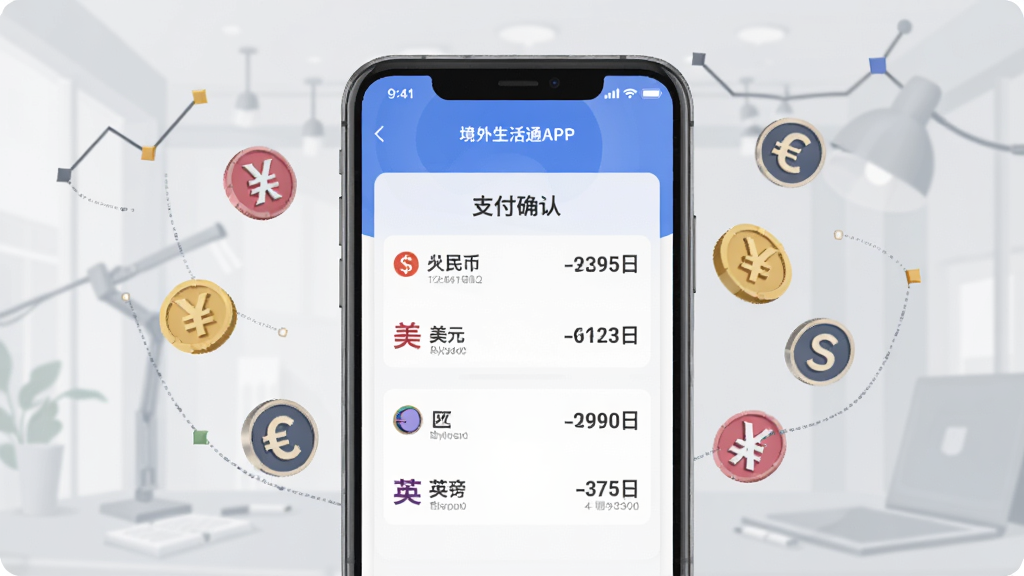 一张展示多币种结算功能的图表插画,画面中央是境外生活通APP的支付确认页面,页面中显示人民币与美元、欧元、英镑的汇率换算列表,周围有货币符号漂浮,背景为浅灰色商务风格,布局简洁,画质清晰,干净无多余元素