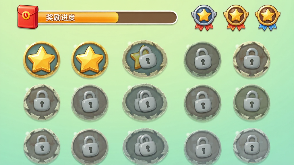 我也要倒水游戏关卡选择界面预览图,画面以网格形式排列多个圆形关卡图标,已通关的显示金色星星,未通关的显示灰色锁头,顶部有红包奖励进度条和成就徽章,背景为淡绿色渐变,整体排版整齐,风格清新可爱,细节清晰,画质干净,无多余文字