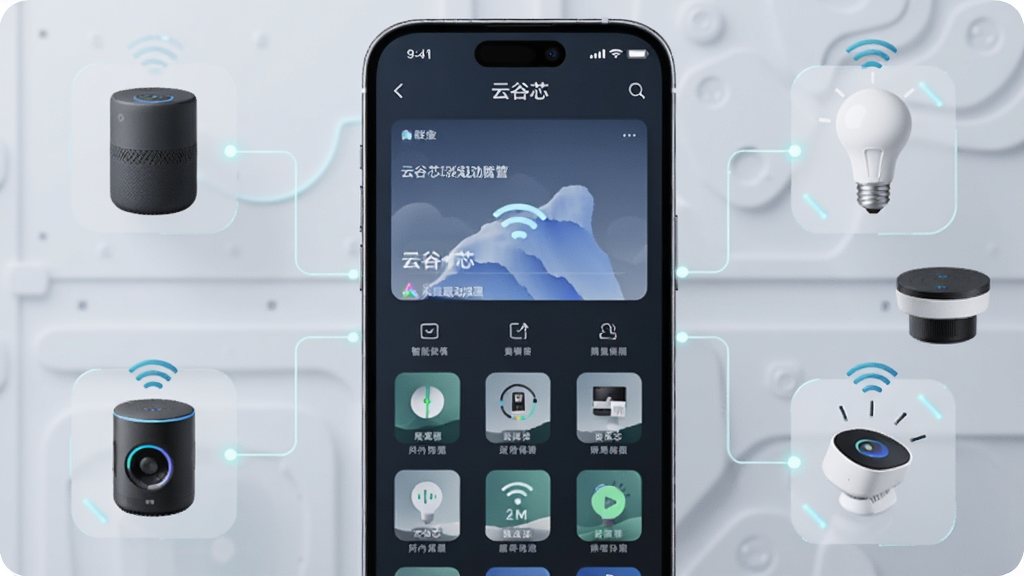 һ��չʾ�����豸�������ܵ�AI��ͼ���������ֻ���Ļ��ʾ�ƹ�о���豸�������棬��Χ�������������䡢���ܵ��ݵ��豸ͼ�꣬�������ӱ�ʾ������ϵ������Ϊǳɫ�Ƽ���񣬻����������޶���Ԫ��