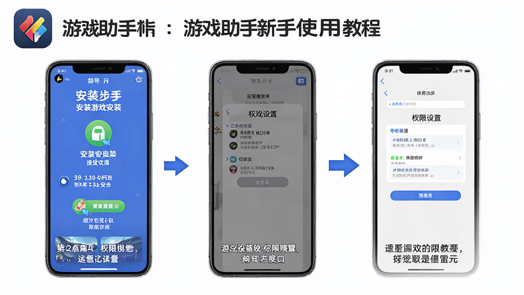 游戏助手新手使用教程图,主体为手机屏幕显示安装步骤和权限设置界面,布局采用分步图解,排版上每一步配有文字说明,风格为教程指导风,细节上包含游戏助手logo和箭头指示,画质高清,干净,无多余元素