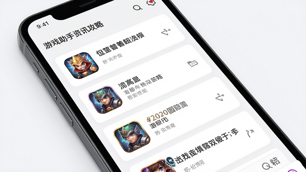 游戏助手资讯攻略页面图,主体为手机屏幕显示游戏攻略列表,布局采用卡片式排列,排版上每个卡片包含游戏图标和标题,风格为资讯阅读风,细节上包含游戏助手界面元素,画质高清,干净,无多余元素