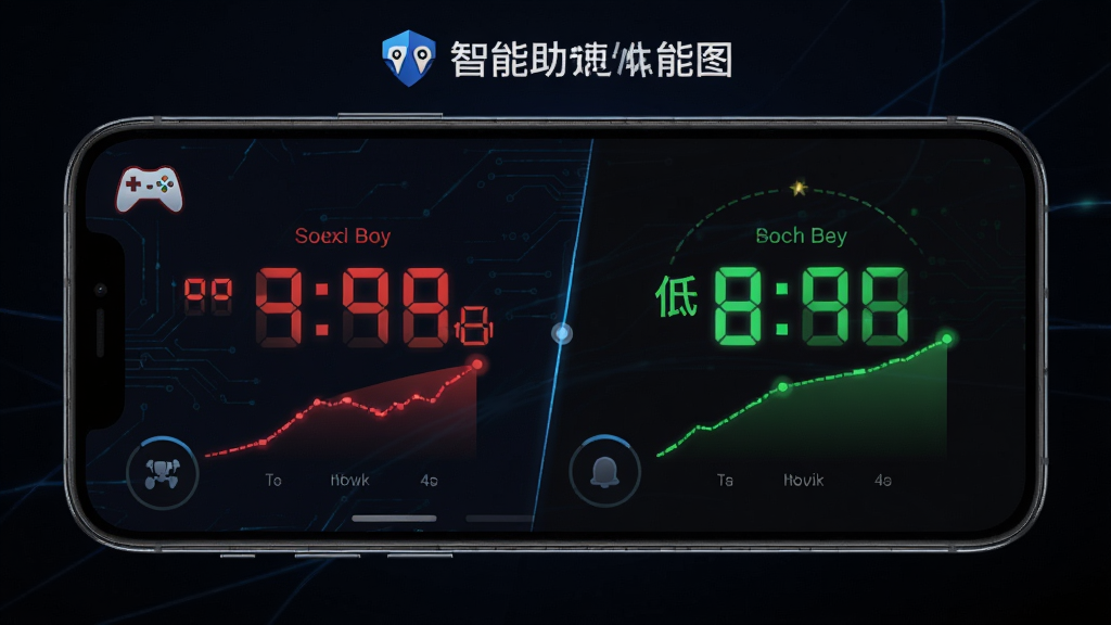 游戏助手智能加速功能展示图,主体为手机屏幕显示加速前后的网络延迟对比,布局采用左右分栏,排版上左侧显示高延迟红色数字,右侧显示低延迟绿色数字,风格为科技数据风,细节上包含游戏助手logo,画质高清,干净,无多余元素