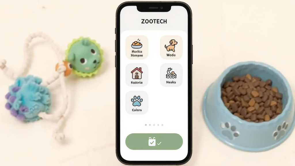 一张展示ZOOTECH日常打卡功能的图片,手机屏幕显示喂食、遛狗、洗澡等任务图标和打卡按钮,屏幕旁边有宠物玩具和食盆,风格温馨可爱,画质干净,无多余元素