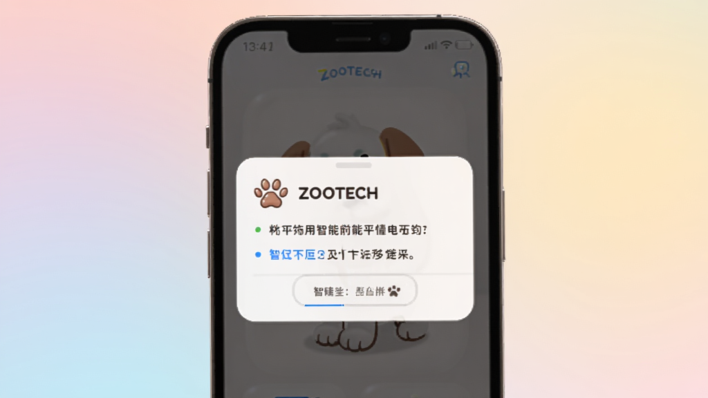 一张展示ZOOTECH智能提醒弹窗的图片,手机屏幕上有可爱的宠物爪印图标和提醒文字,背景是柔和的渐变色彩,风格现代简洁,画质干净,无多余元素
