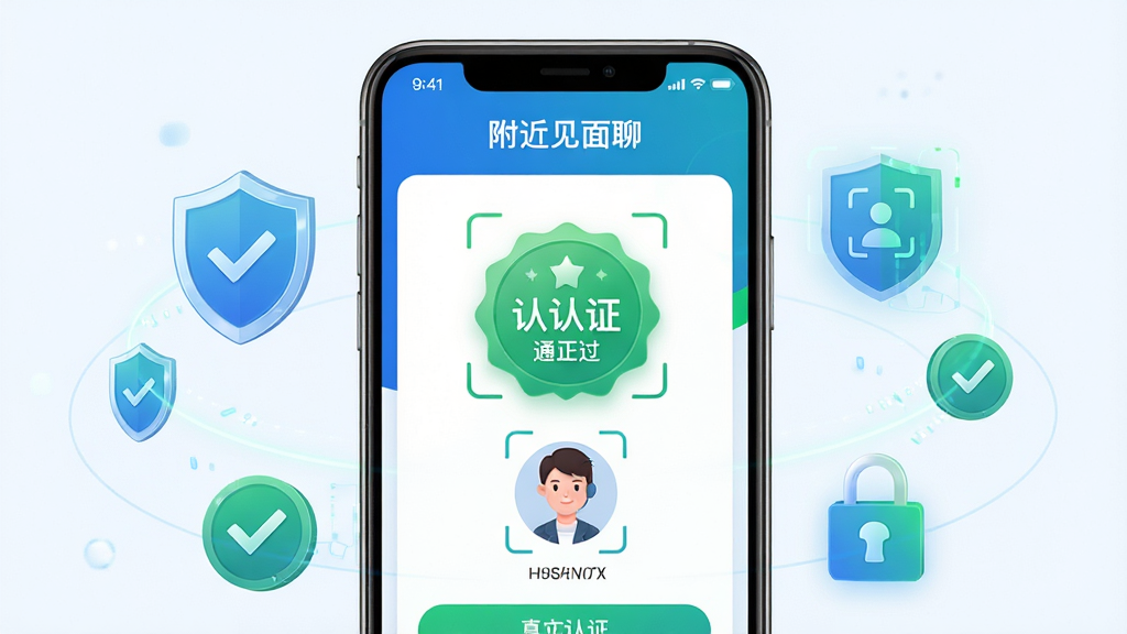 画面展示附近见面聊的真人认证页面,一个手机屏幕中显示认证通过的绿色徽章与用户头像;主体为认证界面;布局为手机居中,周围有盾牌与勾选图标环绕;排版上方放置“附近见面聊”名称;风格为安全科技风,蓝绿配色;细节包括认证标识、人脸识别框、安全锁图标;画质高清,干净,无多余元素。
