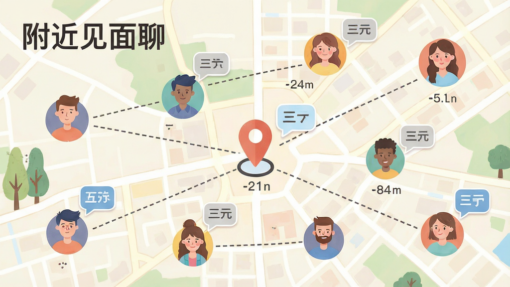 一张以城市地图为背景的插画,地图上标注多个彩色人物头像,头像之间用虚线连接表示距离;主体是附近见面聊的定位匹配功能示意;布局为俯视地图视角,头像分布错落有致;排版清爽,左上角显示“附近见面聊”文字;风格为插画风,色彩柔和;细节包括定位光标、距离数值标签、聊天气泡;画质清晰,干净,无多余元素。