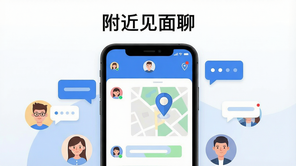 画面主体为一部智能手机,屏幕中显示附近见面聊的聊天界面与地图定位图标,手机周围环绕着卡通风格的男女头像与对话气泡;布局采用居中构图,手机位于画面正中央;排版简洁,上方留白放置软件名称“附近见面聊”;风格为现代扁平化科技风,配色以蓝色和白色为主;细节包括定位图标、消息提示红点、附近的人头像小图标;画质高清,干净,无多余元素。