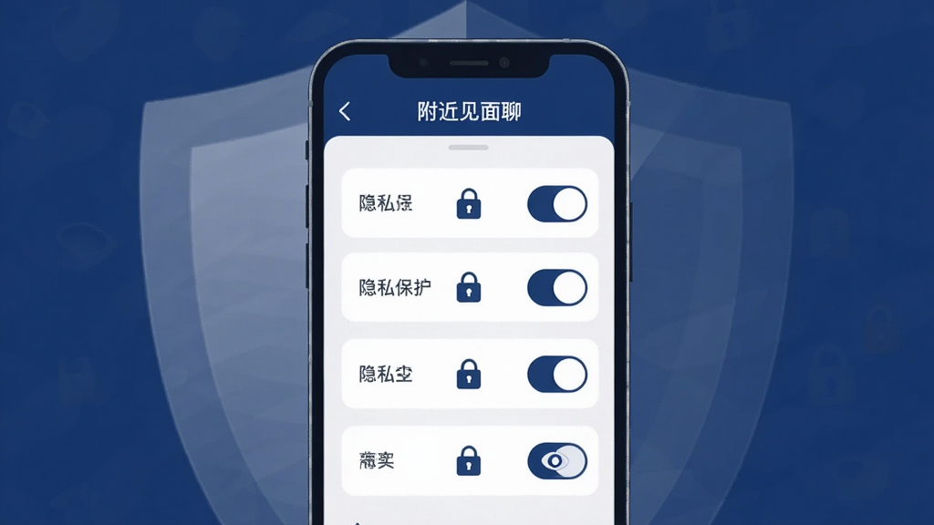 画面为附近见面聊的隐私设置界面截图风格插画,手机屏幕显示多个开关按钮与锁形图标;主体为隐私保护功能;布局为手机居中,背景有半透明盾牌纹理;排版简洁,顶部显示“附近见面聊”;风格为简约商务风,深蓝与白色搭配;细节包括开关滑块、加密锁、眼睛图标;画质高清,干净,无多余元素。