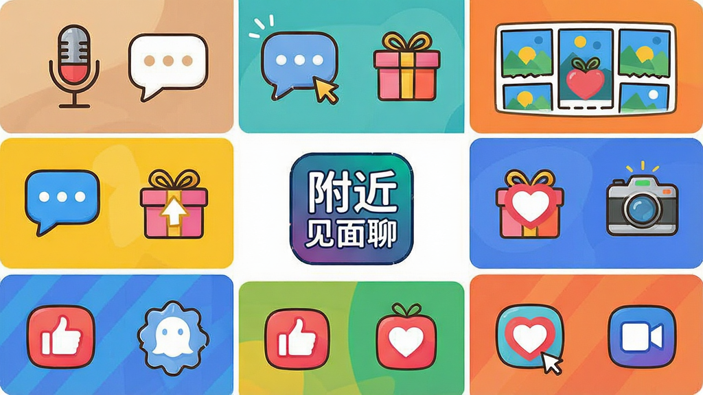 一张展示附近见面聊互动功能的组合图,包含语音麦克风图标、动态图片墙、点赞爱心等元素;主体为多种社交功能图标;布局采用九宫格排列,中心为附近见面聊Logo;排版活泼,色彩丰富;风格为卡通扁平风;细节包括聊天气泡、礼物盒、相机图标;画质清晰,干净,无多余元素。