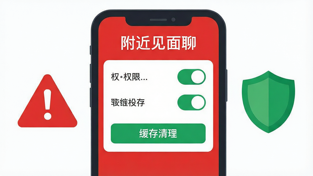 一张手机屏幕显示附近见面聊设置界面的插画,界面中包含权限开关与缓存清理按钮,手机旁边有一个红色警告标志和一个绿色盾牌;主体为手机与安全提示图标;布局为手机居中,左右分布警告与盾牌;排版简洁,顶部有“附近见面聊”字样;风格为扁平化警示风,红绿对比色;细节包括权限开关、清理按钮、警告三角;画质高清,干净,无多余元素。