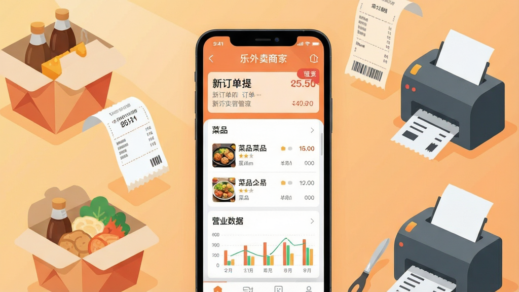 һ��չʾ�������̼�App���Ĺ��ܵĳ���ͼ������������һ�������ֻ�����Ļ����ʾ�������̼ҵĶ����������棬�����¶������ѡ���Ʒ�б���Ӫҵ����ͼ�����ֻ���Χ�����������ͺС�����СƱ�ʹ�ӡ���Ȳ���Ԫ�أ����ֲ������Ĺ�ͼ���ֻ����з��ã�����Ԫ�ػ����Ų������Ϊ���������ı�ƽ���廭�磬ϸ�����ֻ���Ļ��