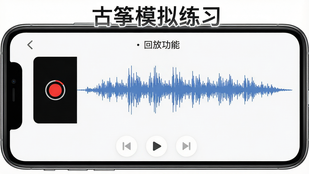 一张展示古筝模拟练习录音与回放功能的图片,主体为手机屏幕上的录音按钮与波形回放界面,布局为界面居中、波形图横向展开,排版简洁直观,风格为音频工具类界面,细节包括录音红点、波形起伏、播放控制按钮,画质高清、干净、无多余元素,画面中打文字“古筝模拟练习”
