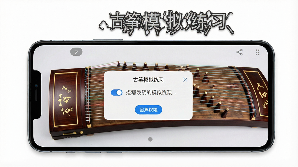 一张展示古筝模拟练习在安卓手机上运行状态的图片,主体为手机屏幕显示古筝弹奏界面与系统权限设置弹窗,布局为手机正面视角、界面清晰,排版突出操作提示,风格为实用教程类截图风格,细节包括权限开关、琴弦界面、提示文字,画质高清、干净、无多余元素,画面中打文字“古筝模拟练习”
