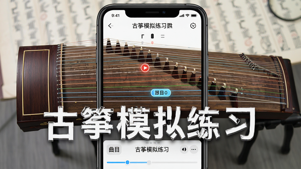 一张展示古筝模拟练习曲目跟弹练习模式的图片,主体为手机屏幕显示古筝琴弦与跟弹提示光标,布局为琴弦横向排列、提示光标高亮在特定琴弦上,排版清晰易读,风格为教学软件界面风格,细节包括节拍指示、曲目名称、进度条,画质高清、干净、无多余元素,画面中打文字“古筝模拟练习”