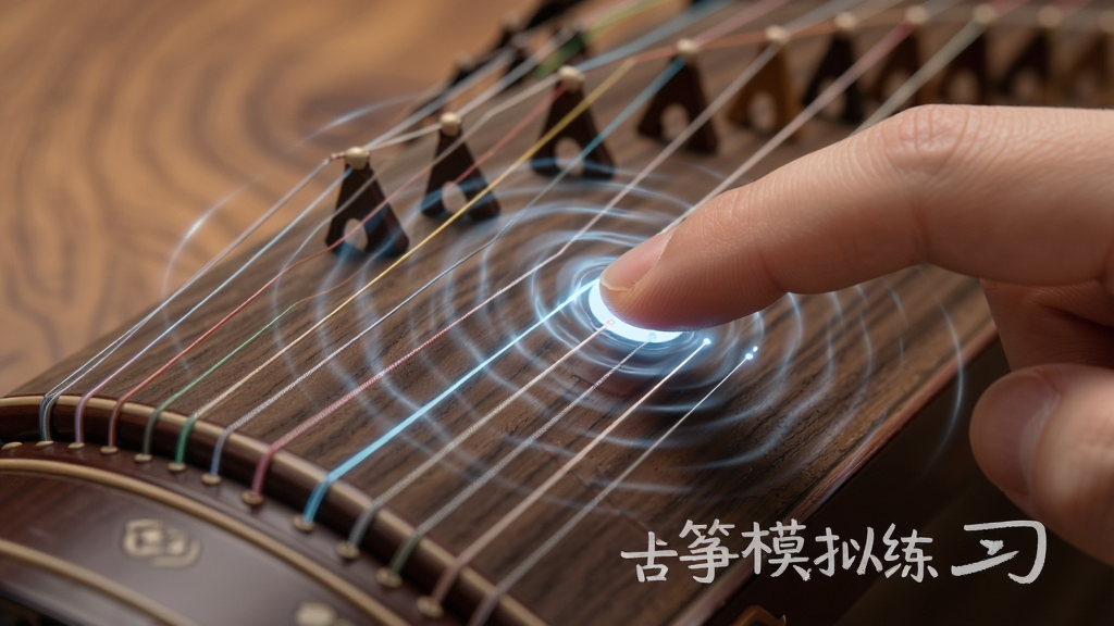 一张展示古筝模拟练习仿真琴弦触控功能的图片,主体为手指在手机屏幕上拨动古筝琴弦的特写,布局为手指与屏幕局部放大,排版聚焦触控交互细节,风格写实且带有科技光效,细节包括琴弦振动波纹、指尖与屏幕接触点高亮、木质背景,画质高清、干净、无多余元素,画面中打文字“古筝模拟练习”