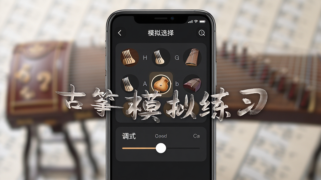一张展示古筝模拟练习多种音色与调式选择界面的图片,主体为手机屏幕上的音色选择面板与调式调节滑块,布局为界面居中、选项清晰排列,排版层次分明,风格为现代简约与传统乐器元素结合,细节包括音色图标、调式字母标识、选中高亮状态,画质高清、干净、无多余元素,画面中打文字“古筝模拟练习”