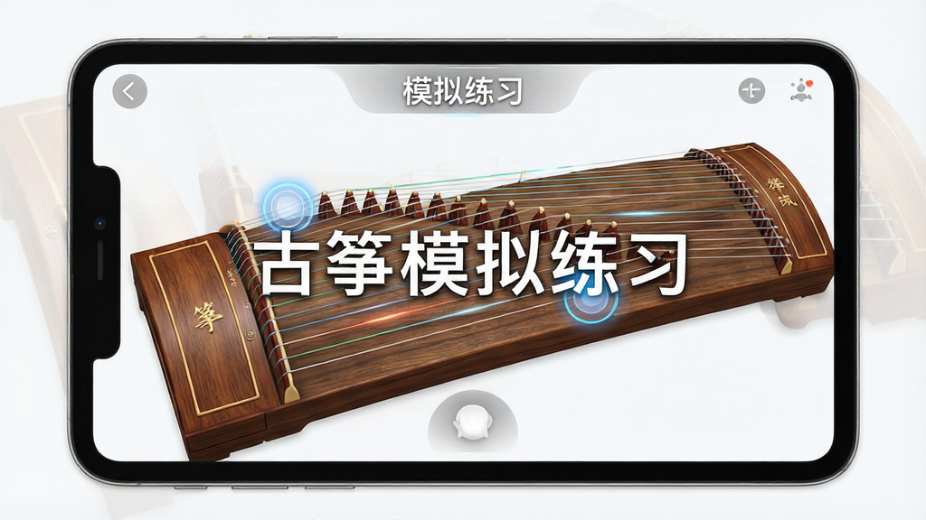 一张展示古筝模拟练习应用界面的图片,主体为横屏放置的智能手机或平板电脑,屏幕上显示古筝模拟练习的弹奏界面,包含仿真琴弦与木质琴身,布局为设备居中、界面清晰可见,排版简洁突出软件界面,风格为现代科技感与传统文化融合,细节包括琴弦光泽、手指触控高亮效果、木质纹理,画质高清、干净、无多余元素,画面中打文字“古筝模拟练习”