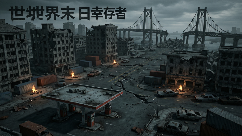 末日废墟城市俯瞰图,画面中标注“世界末日幸存者”字样,主体为破碎的街道与残破建筑群,布局从近景的废弃加油站延伸到远景的坍塌大桥,风格为暗黑写实,细节包含散落的集装箱、废弃车辆与零星火光,画质清晰,干净,无多余元素