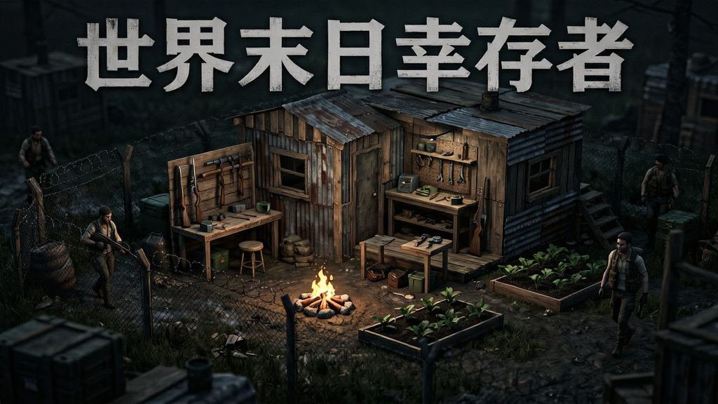 末日幸存者基地建造场景,画面中显示“世界末日幸存者”文字,主体为一座由木板与铁皮搭建的避难所,布局包含外围铁丝网、内部工作台与农田,风格为暗黑写实,细节有篝火、武器架与巡逻中的幸存者,画质清晰,干净,无多余元素