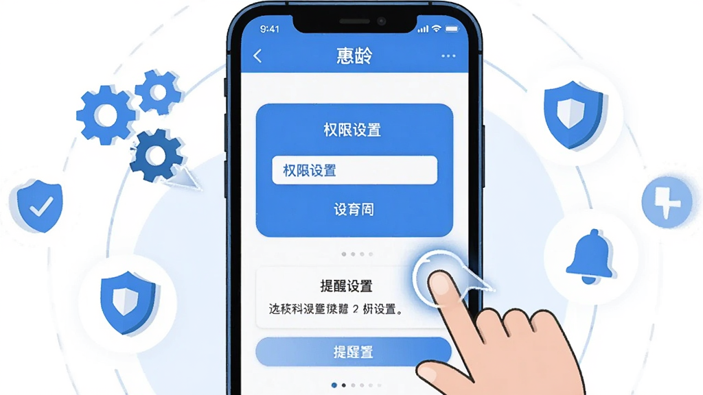 一幅手机应用操作引导示意图。画面展示一部手机,屏幕上显示“惠龄”软件的新手引导页面,有权限设置和提醒设置的界面。手机旁边有手指点击的动画效果,周围有齿轮、盾牌、铃铛等小图标,表示设置与安全。风格为简洁的科技插画,色彩以蓝色和白色为主,画面干净清晰,无杂乱背景。