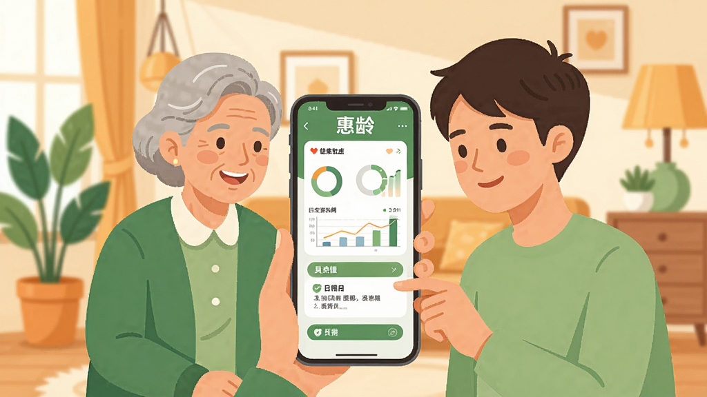 一幅温馨的家庭健康生活场景插画。画面中央是一部智能手机,屏幕上显示着“惠龄”软件的界面,界面包含健康数据图表和日程提醒。手机周围环绕着一位微笑的中老年人和一位年轻人,他们正在一起查看手机。背景是明亮舒适的家居环境,有绿植和温暖的灯光。整体风格为扁平化矢量插画,色彩柔和以绿色和暖橙色为主,画面干净整洁,无多余文字元素,高清画质。