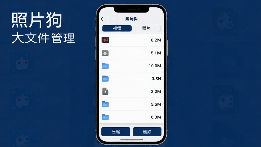 ��Ƭ�����ļ��������棬�ֻ���Ļ��ʾ�ļ��б�����С�������У�ÿ���ļ��Ҳ���ʾռ�ÿռ���ֵ�������С���Ƶ������Ƭ�������ǩ���ײ���ѹ����ɾ����ť����������������ɫ�԰�ɫ������ɫΪ�������ֱ�ע����Ƭ�����롰���ļ��������������������޶���Ԫ��