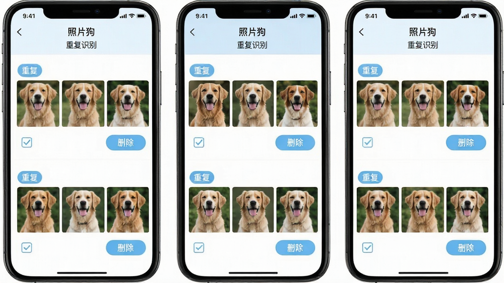 ��Ƭ���ظ���Ƭʶ���ܽ��棬�ֻ���Ļ��ʾ����������Ƭ�������У�ÿ���Ϸ���ע���ظ�����ǩ���·��й�ѡ����ɾ����ť�����������¼�Լ����ɫ�԰�ɫ��ǳ��ɫΪ�������ֱ�ע����Ƭ�����롰�ظ�ʶ�𡱣����ʸ��壬�������룬�޶���Ԫ��