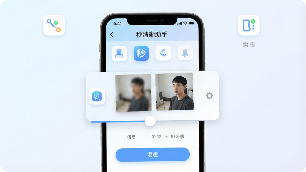 一张展示手机屏幕的图片,屏幕中央显示“秒清晰助手”应用界面,界面中有模糊照片对比清晰照片的滑动条效果,背景为简洁的浅色渐变,风格为现代科技感,细节包含图标、按钮和进度条,画质清晰干净,无多余元素