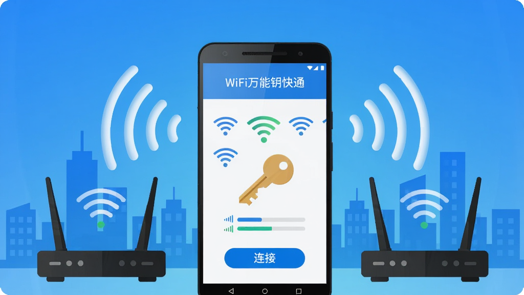 �����������һ����׿�ֻ����ֻ���Ļ��ʾWiFi����Կ��ͨ�����ӽ��棬�������ж��WiFi�ź�ͼ���һ��Կ��ͼ�Σ��ֻ���Χ������·�������źŲ��ƺͳ��н�����Ӱ�����ֲ������ĶԳƹ�ͼ���Ű������죬���Ϊ��ƽ���Ƽ��廭��ϸ�ڰ�����ɫ���䱳������ɫ���ֱ�ǩ��WiFi����Կ��ͨ�����ź�ǿ���������Ӱ�ť�������������ɾ����޶���Ԫ��