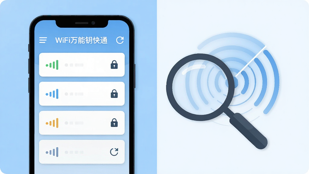 ��������Ϊһ���ֻ���Ļ����Ļ����ʾWiFi����Կ��ͨ���ȵ�ɨ���б����б�������ź�ǿ��ͼ������α�־���ֻ��Ҳ�Ư����һ���Ŵ󾵺��״ﲨ��ͼ�Σ����ֲ������ҷ���������ֻ��Ҳ��״�Ű����������Ϊ�ִ���ƽ�Ƽ��磬ϸ�ڰ���ǳ��ɫ��������ɫ��Ƭʽ�б�����WiFi����Կ��ͨ���������֡��źŸ��ˢ�°�ť�����ʸɾ����޶���Ԫ��