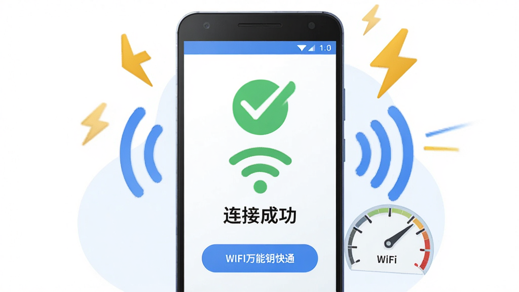 ����������һ����׿�ֻ����ֻ���ĻչʾWiFi����Կ��ͨ��һ�����ӳɹ����棬����������ɫ�Թ���WiFi�ź�ͼ��͡����ӳɹ����������ֻ���Χ��������ź������ٶ��Ǳ��̣����ֲ��þ��й�ͼ���Ű��࣬���Ϊ���±�ƽ�廭��ϸ�ڰ�����ɫ��������ɫ��ť���źŲ��ƺ͡�WiFi����Կ��ͨ��Ʒ�����֣������������ɾ����޶���Ԫ��