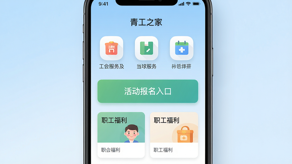 画面主体为一部智能手机,屏幕显示“青工之家”应用界面,界面包含工会服务图标、活动报名入口、职工福利卡片等元素,布局采用居中展示,背景为浅蓝色渐变,风格为现代扁平化UI设计,细节包括圆角图标、柔和阴影、清晰文字标签,画质高清,干净整洁,无多余元素
