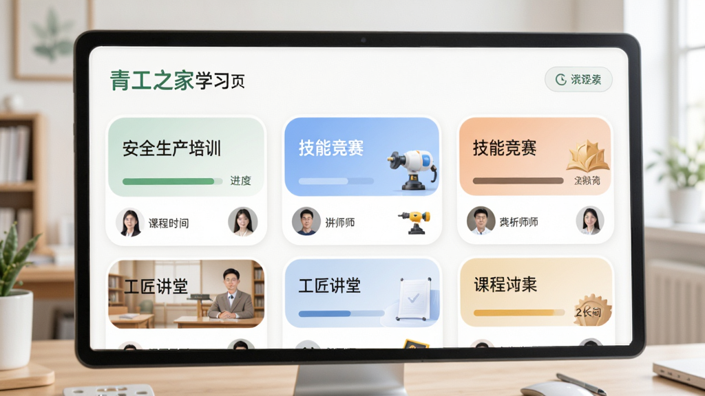 画面主体为“青工之家”学习页面,布局为课程卡片列表,包含“安全生产培训”“技能竞赛”“工匠讲堂”等标题,风格为柔和圆角设计,细节包括进度条、讲师头像、课程时长标签,画质高清,干净整洁,无多余元素