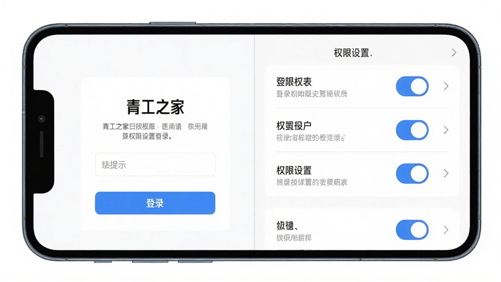 画面主体为手机屏幕展示“青工之家”登录页面与权限设置界面,布局为左右分屏,左侧为登录框,右侧为权限开关列表,风格为扁平化设计,细节包括蓝色按钮、灰色提示文字、勾选图标,画质高清,干净无多余元素