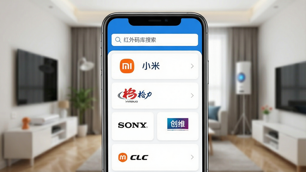 一张展示手机APP内红外码库搜索界面的图片,屏幕上方有搜索框,下方以列表形式展示多个家电品牌Logo和名称,如“小米”、“格力”、“索尼”、“创维”等。界面风格简洁,以蓝色和白色为主色调,文字清晰,布局规整。背景是模糊的智能家居场景,画质细腻,无杂乱元素。
