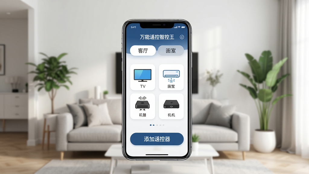 一张展示智能手机屏幕的图片,屏幕中央显示万能遥控智控王APP的主界面,界面布局清晰,上方是客厅、卧室等房间分类标签,中间是电视、空调、机顶盒等家电图标,下方是添加遥控器的醒目按钮。背景是现代简约风格的客厅环境,有沙发和绿植作为点缀,光线明亮柔和。整体风格为科技感与生活化结合,画质清晰干净,无多余元素干扰。