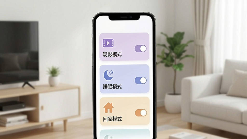 一张展示手机APP内场景定制界面的图片,屏幕上显示多个场景卡片,如“观影模式”、“睡眠模式”、“回家模式”,每个卡片上有对应的图标和开关按钮。界面设计采用卡片式布局,色彩柔和,图标精致。背景是简约的家居一角,画质干净,无多余装饰。