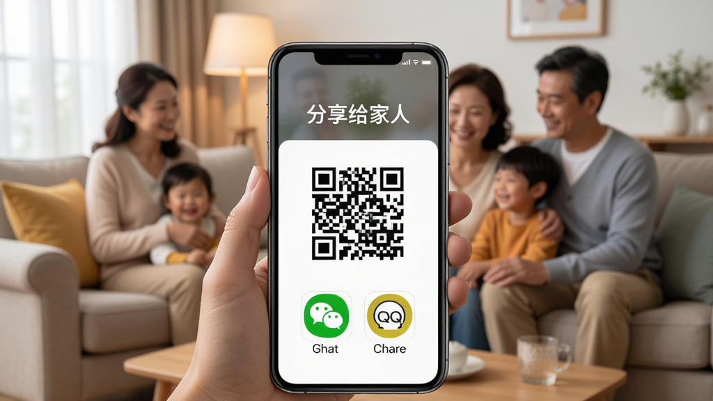 一张展示手机屏幕出现分享二维码或分享链接的图片,屏幕上方显示“分享给家人”字样,下方是二维码和微信、QQ等分享图标。背景是家庭客厅,有家人坐在沙发上。整体风格温馨、便捷,画质清晰,突出分享功能的易用性。