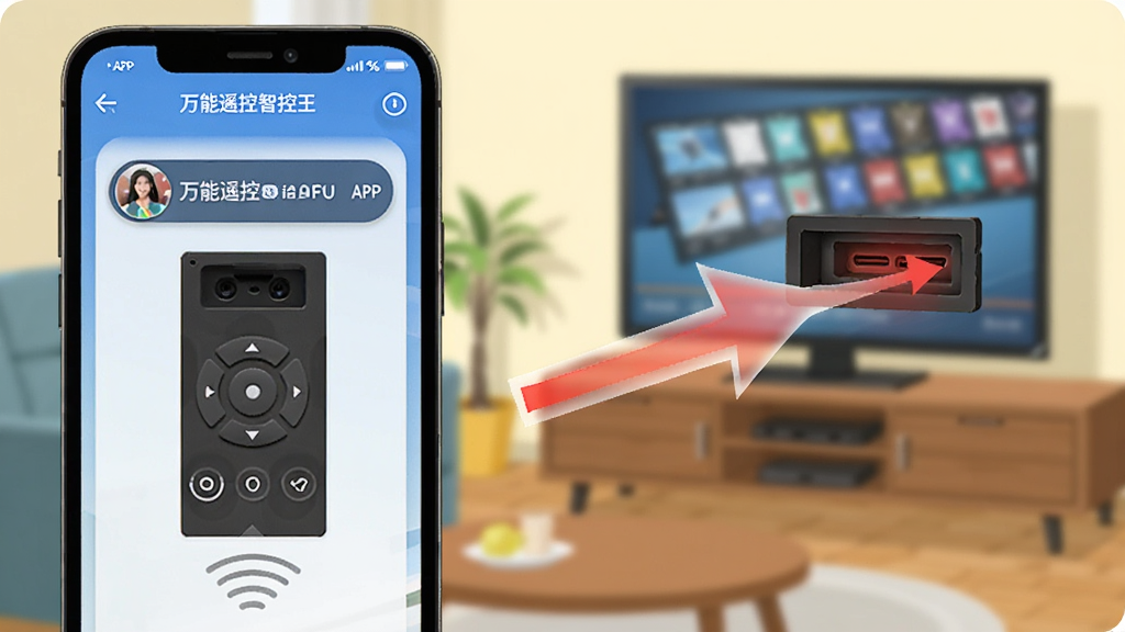 一张展示手机红外发射口对准电视红外接收窗的示意图,画面中有箭头指示信号传输方向。手机屏幕显示万能遥控智控王APP正在发送测试信号。背景是客厅环境,电视屏幕亮起。风格为示意图,线条简洁,色彩明快,画质清晰,突出操作要点。