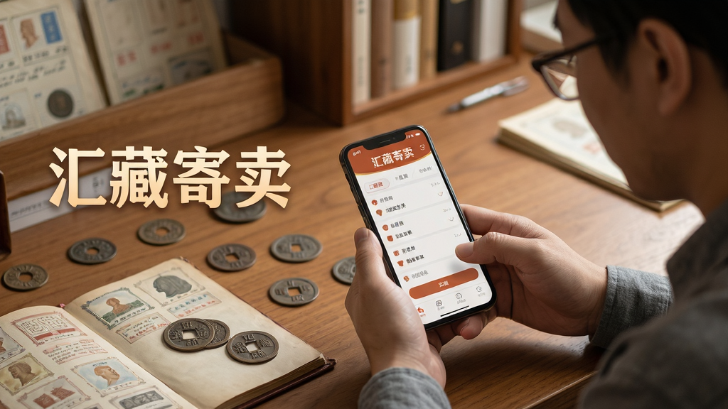 画面主体为一位收藏爱好者坐在书桌前,手持手机操作“汇藏寄卖”应用,桌面上摆放着几枚古钱币和一本集邮册。布局采用三分法构图,人物位于画面右侧,手机屏幕内容清晰可见,左侧留白处放置收藏品。排版上应用界面中的“汇藏寄卖”字样突出显示。风格为温馨写实的生活场景,细节上手机界面按钮和列表清晰可辨,收藏品纹理细腻。画质高清,光线柔和,无多余元素干扰。