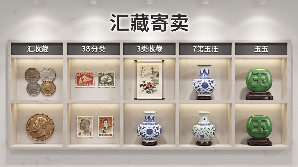 画面主体是一个虚拟的收藏品分类展示墙,墙上分区域陈列着钱币、邮票、书画、瓷器和玉器等不同类别的藏品,每一类上方标注着对应的分类名称。布局采用网格化排列,整齐有序,画面中央上方显示“汇藏寄卖”品牌标识。排版上分类标签清晰,藏品图片精美。风格为现代简约的展示空间,细节上藏品细节丰富,光影柔和。画质高清,背景干净,无多余装饰元素。