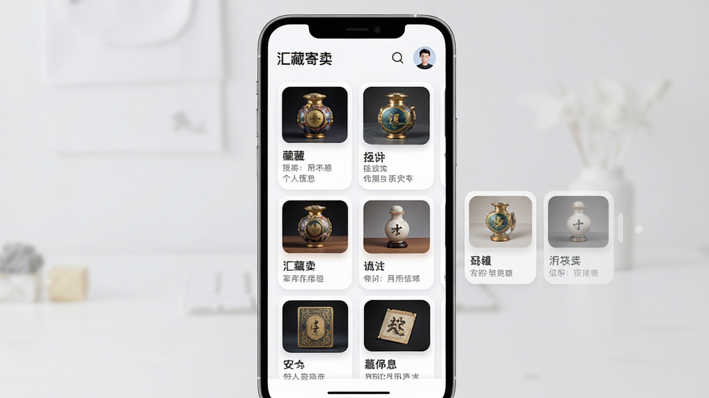 画面主体是一个数字化的个人藏馆界面,屏幕上以卡片形式展示着用户的藏品,每张卡片包含藏品图片、名称和简要信息。布局采用纵向列表与横向滑动相结合的方式,界面顶部显示“汇藏寄卖”和用户头像。排版上卡片排列整齐,信息层级分明。风格为清爽的移动应用界面设计,细节上卡片圆角柔和,图标精致。画质高清,界面干净,无多余元素。