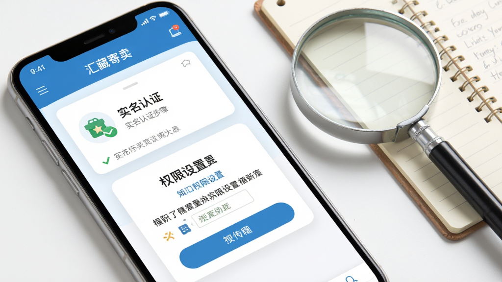画面主体是一部手机展示“汇藏寄卖”应用的操作界面,界面上显示实名认证步骤和权限设置弹窗,手机旁边放置一个放大镜和一本记事本,象征使用指南。布局采用对角线构图,手机位于左下角,放大镜和记事本位于右上角。排版上手机屏幕内容清晰,弹窗文字醒目。风格为简洁实用的教程插图,细节上界面图标和按钮刻画细致。画质高清,背景干净,光线明亮,无多余元素。