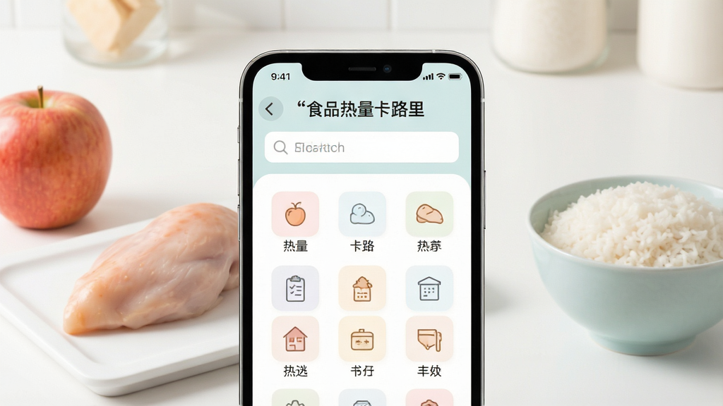 一张展示“食品热量卡路里”手机应用主界面的图片,画面中央是一部智能手机,屏幕上显示着食物热量查询界面,包含搜索框和分类图标,背景是干净整洁的厨房台面,上面摆放着苹果、鸡胸肉、米饭等常见食物,整体风格清新明亮,色彩柔和,画质清晰,干净无多余元素