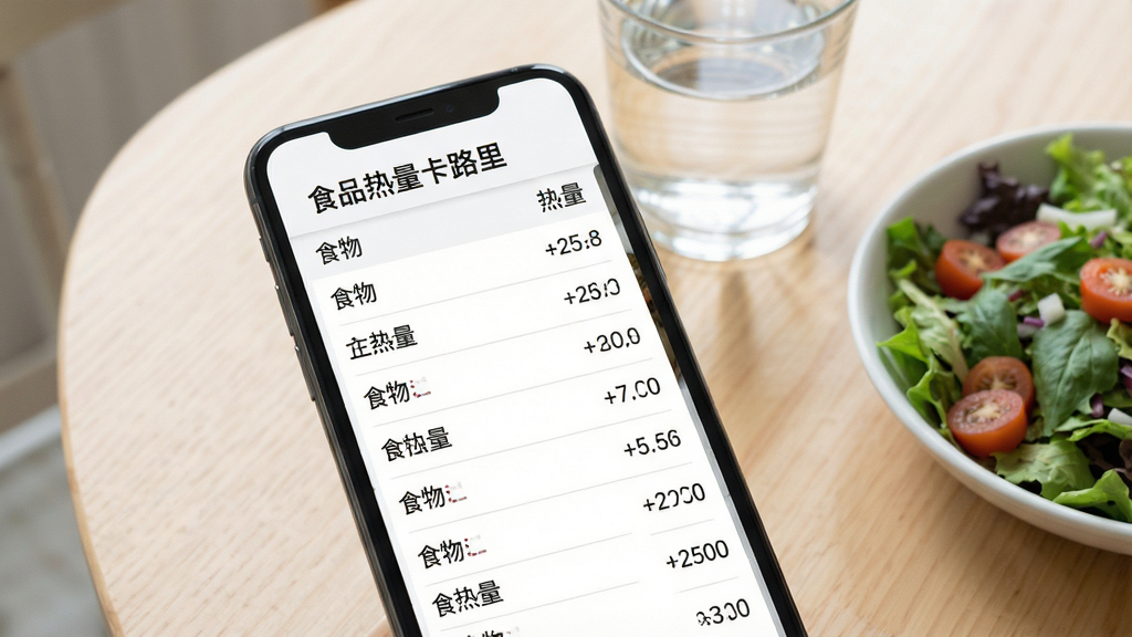 一张展示“食品热量卡路里”应用内食物数据库列表的图片,画面中手机屏幕显示着分类清晰的食物列表,左侧是食物名称,右侧是热量数值,背景是浅色木质桌面,旁边放着一杯水和一份沙拉,整体风格简洁专业,画质清晰,干净无多余元素