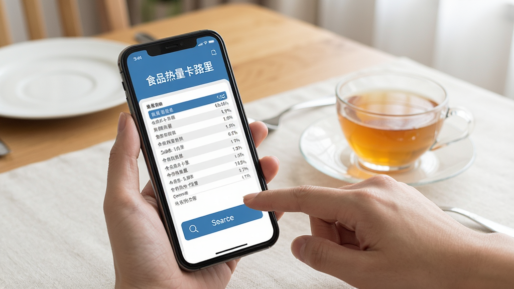 一张展示“食品热量卡路里”应用使用教程的图片,画面中手机屏幕显示着安装完成后的主界面,旁边有一只手正在点击屏幕上的搜索按钮,背景是居家餐桌场景,桌上放着手机和一杯茶,整体风格生活化,画质清晰,干净无多余元素