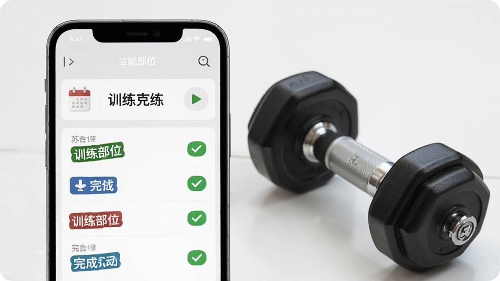 苏合健身智能训练计划定制界面,手机屏幕显示个性化训练日程表,主体为手机与健身器材组合,布局左侧手机右侧哑铃,排版清晰,风格为简约运动风,细节包括日历图标、训练部位标签、完成打勾标记,画质高清,干净,无多余元素
