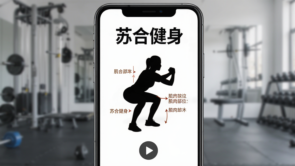 苏合健身动作库视频指导页面,手机屏幕播放健身教学视频,主体为手机与正在做深蹲的人物剪影,布局居中,排版上下结构,风格为专业运动教学风,细节包括动作名称文字“苏合健身”、肌肉部位标注、播放按钮,画质高清,干净,无多余元素